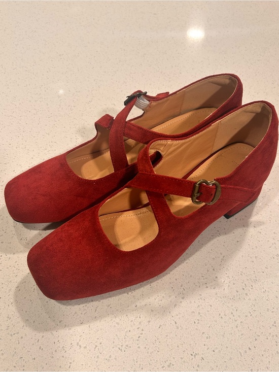 Shoes - Red Suede Mary Jane Heels - Classic Cross Strap